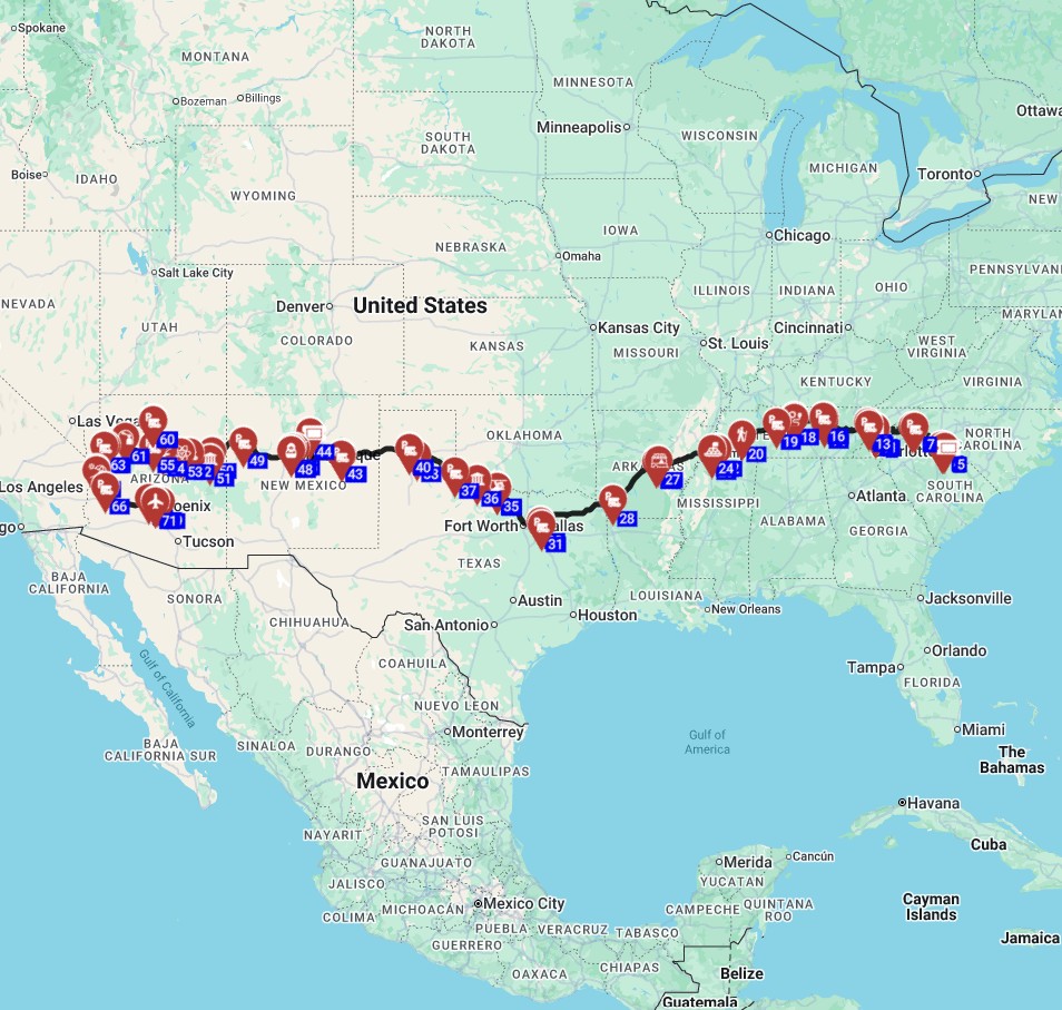 Map for תכנון  מסלול טיול קרוואנים בארהב משרלוט ללאס וגאס